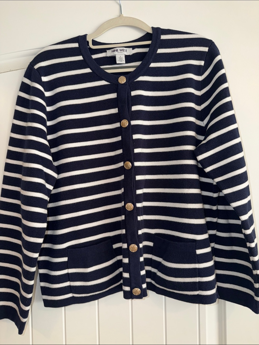 Nine West Navy and White Striped Gold-Button Cardigan